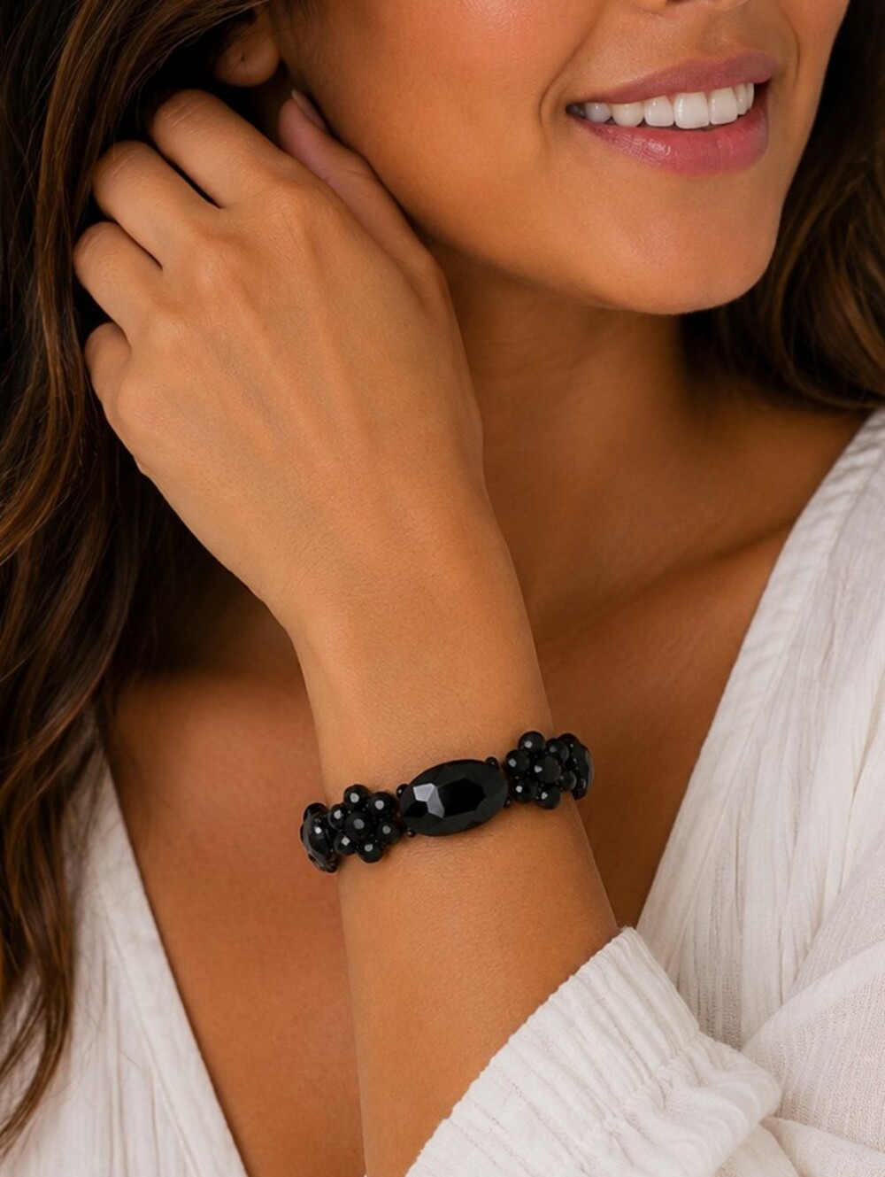 💎 Black Faceted Crystal Stretch Bracelet Jet Bead Floral Statement Bracelet